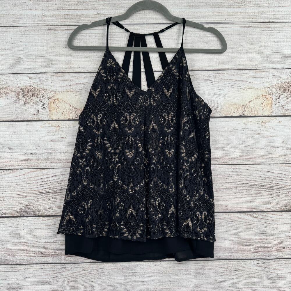 Lucky Brand Lace Multi Strap Blouse Womens Small Black‎ Gold Lined Adjustable